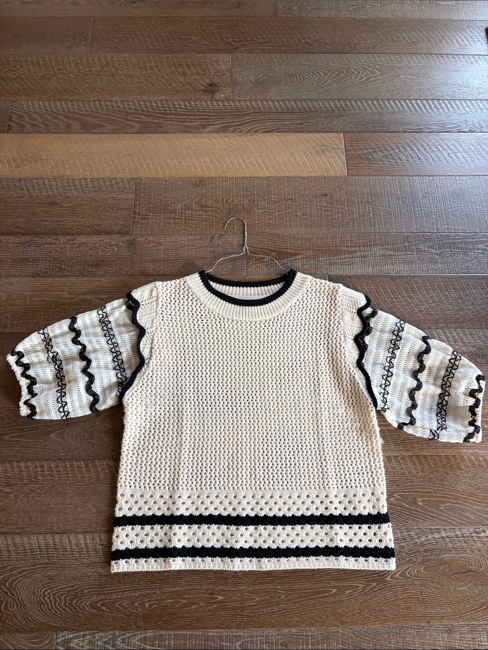 Cream and Black Ribbon Sleeve Crewneck Sweater